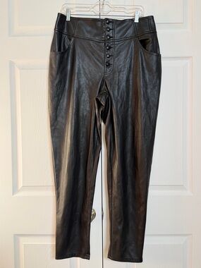 Bar III Faux Leather Pants Women 12 Black High Rise Button Front Ankle Skinny
